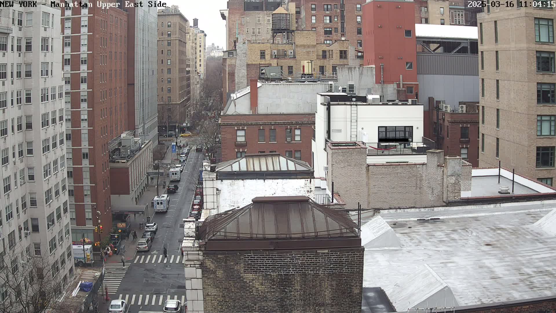 An overcast day reveals a high-angle view of a city street lined with tall brick buildings, several vehicles are visible on the road and some pedestrians at a crosswalk.
