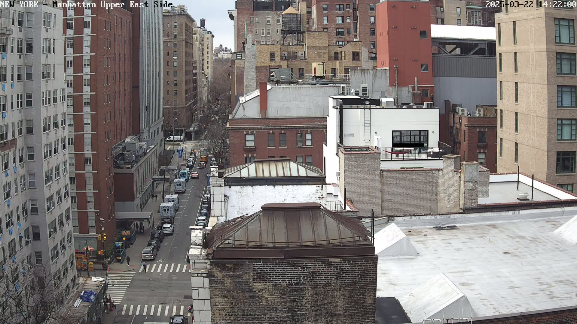 An overhead view of a city street scene on an overcast day shows several multi-story brick buildings, a street with cars, and a crosswalk.