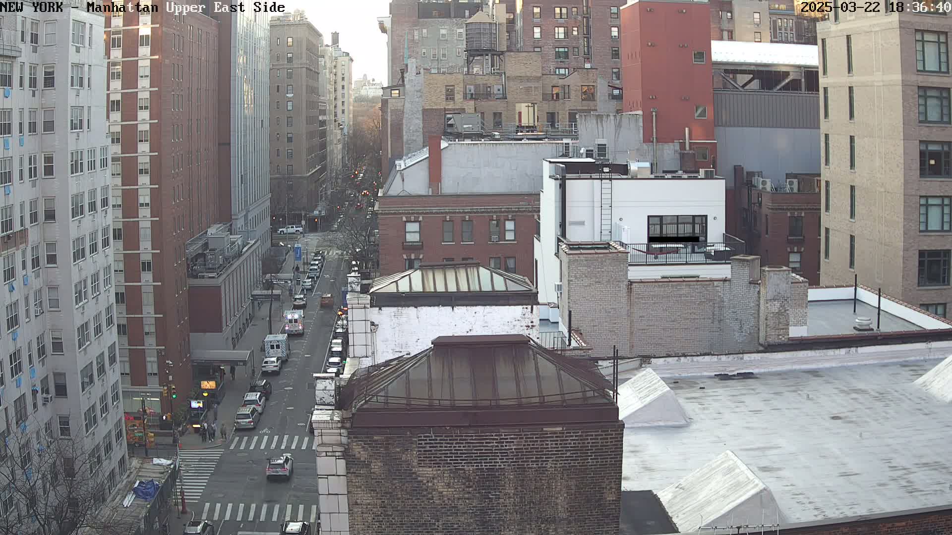 An aerial view of a city street with several multi-story buildings, some traffic, and overcast skies.