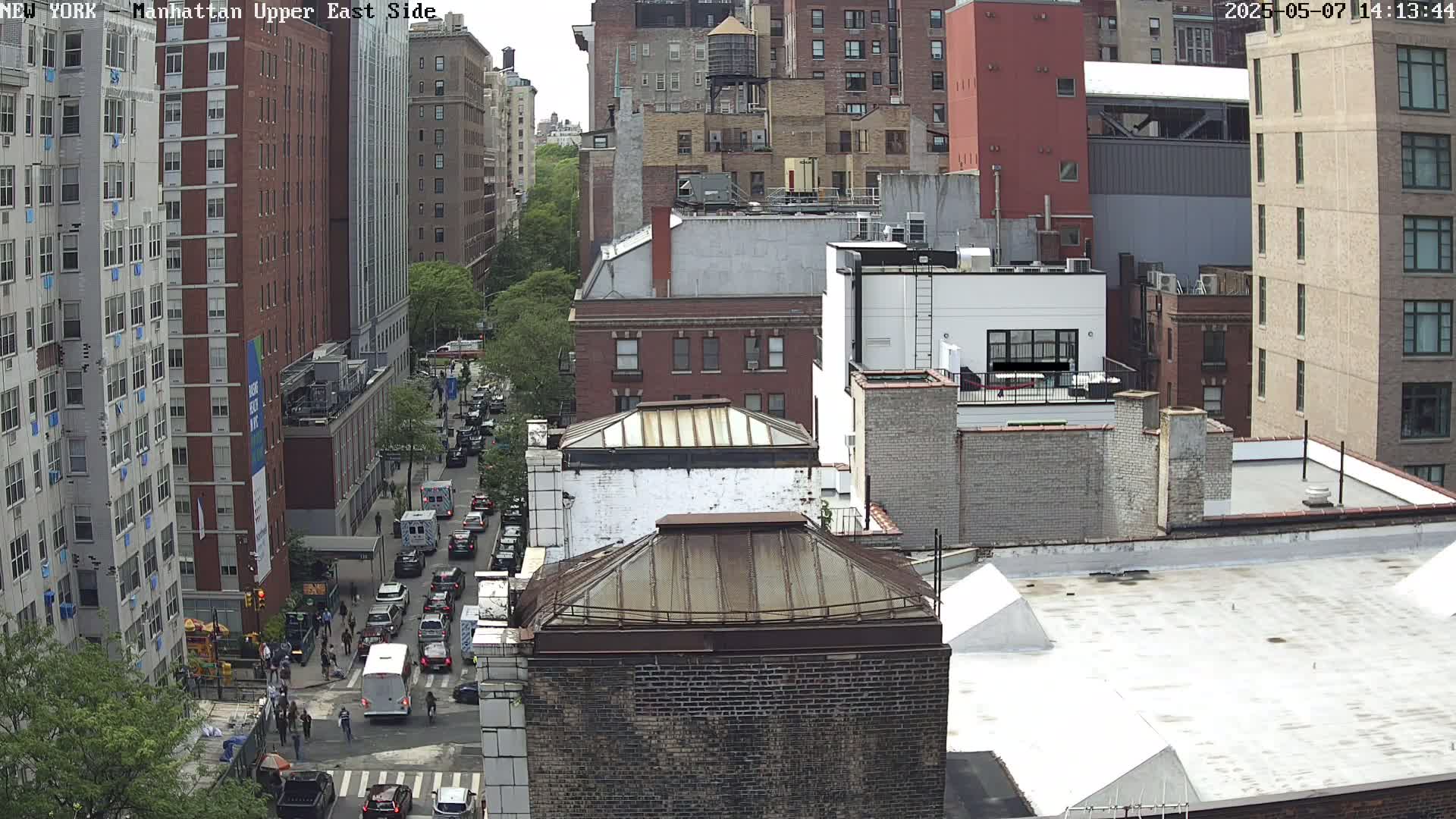 A high-angle, daytime view of a city street with several buildings, some traffic, and pedestrians, under partly sunny conditions.