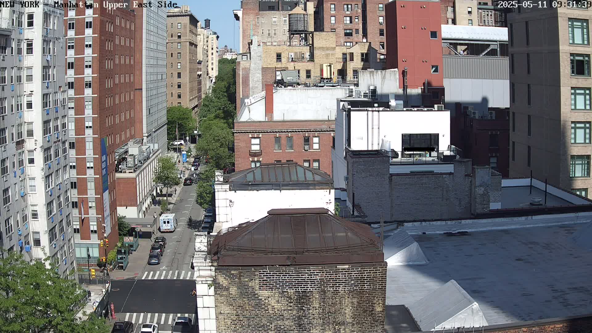 A sunny, high-angle view of a city street, showing multiple brick buildings, a few cars, and some green trees.