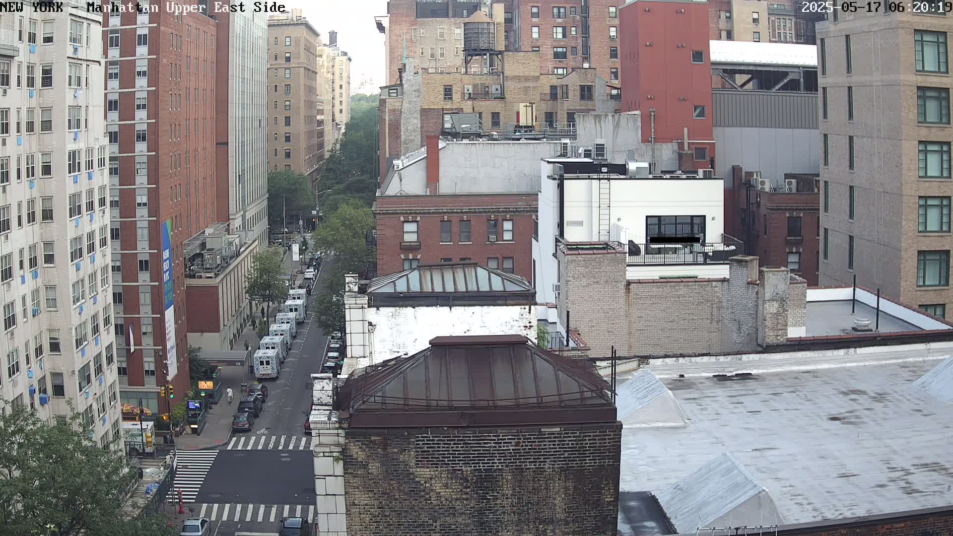 An aerial view of a city street scene on an overcast day, showing numerous brick buildings and parked vehicles.