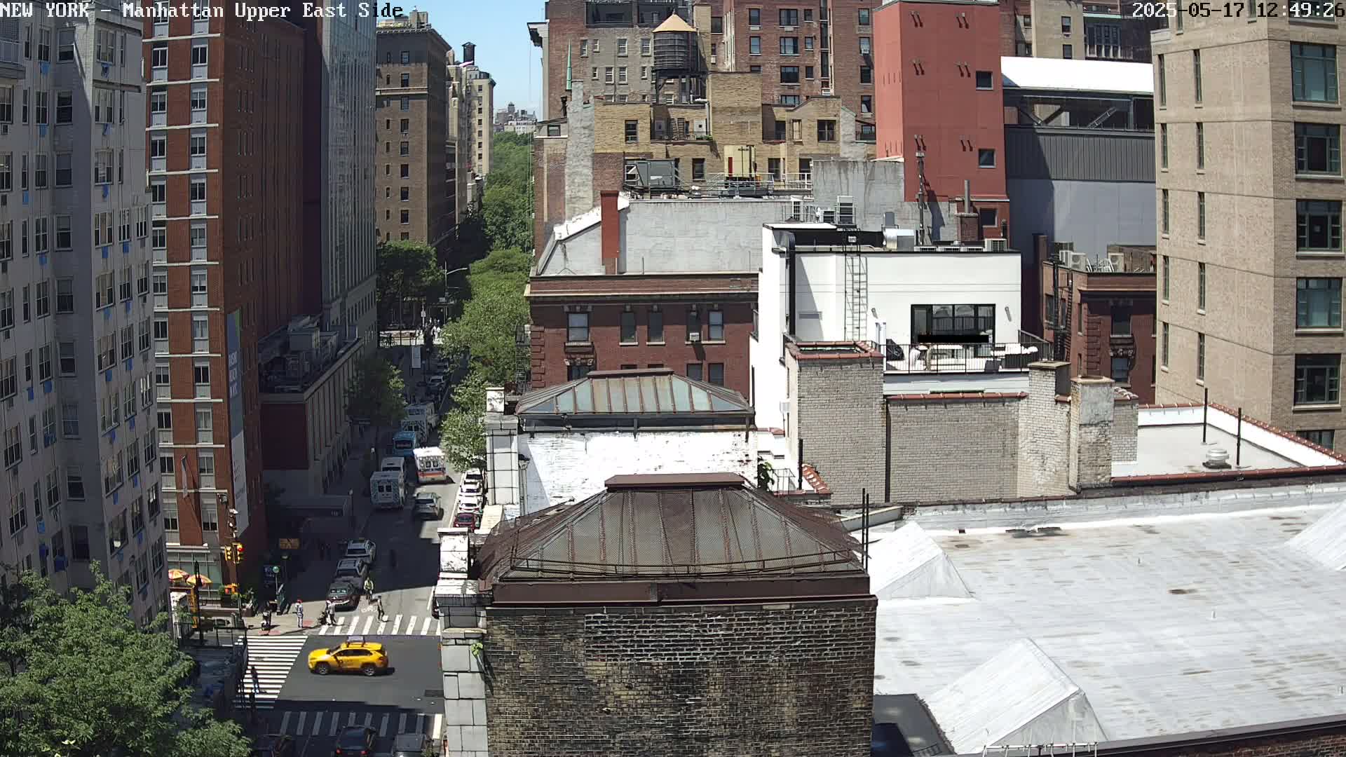 A high-angle view of a city street, on a sunny day, shows numerous brick buildings, a yellow taxi cab, and some trees.