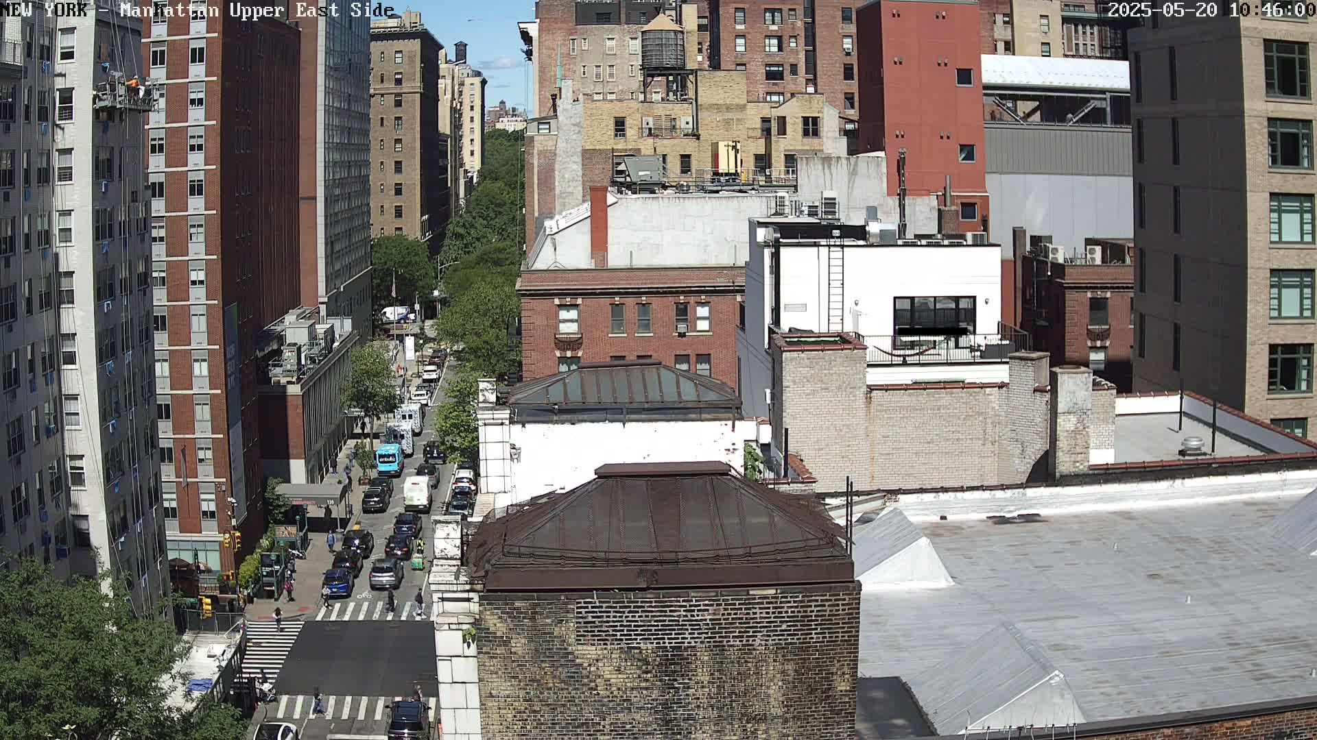 A sunny city street scene shows several multi-story brick buildings, a tree-lined street with moving vehicles, and a worker on a scaffolding on the side of a building.