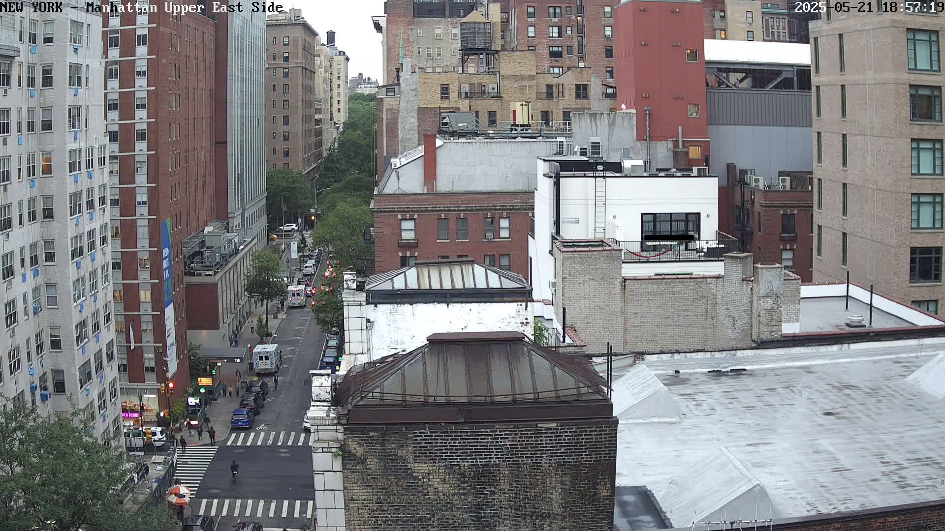 A high-angle view of a city street scene on an overcast day, showing multiple brick buildings and cars traveling along a road.