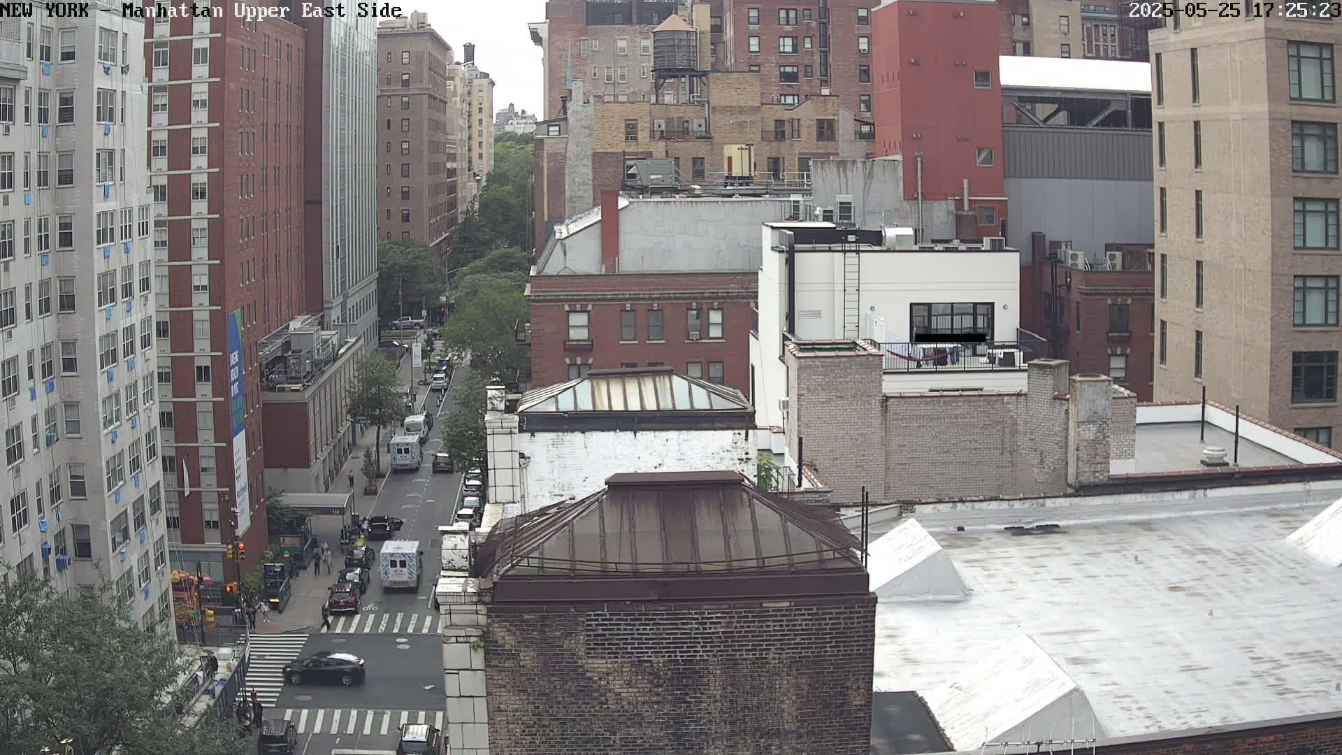 A high-angle view of a city street scene on a partly cloudy day, showing several multi-story buildings and vehicles on a road below.