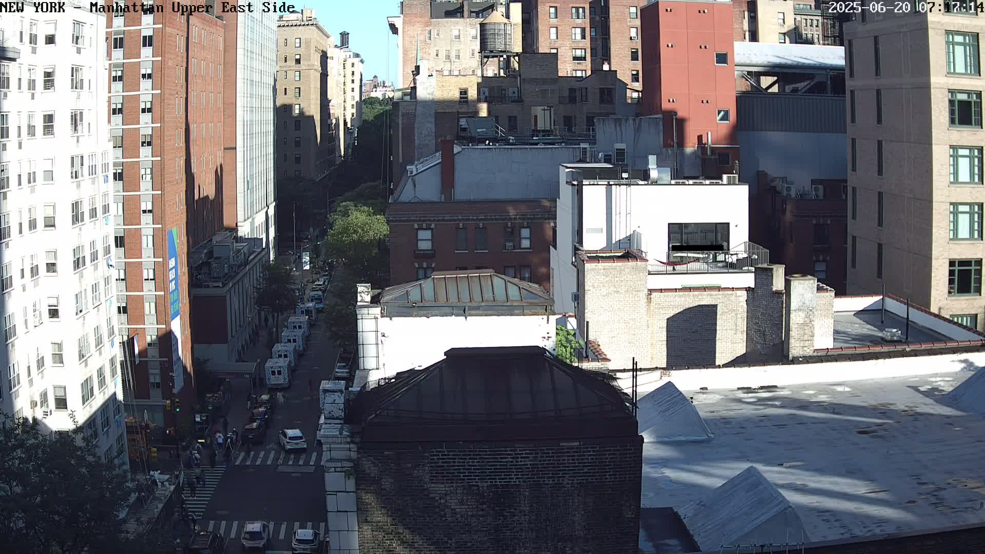 A high-angle view of a city street scene on a sunny day, showing multiple buildings, vehicles, and pedestrians.