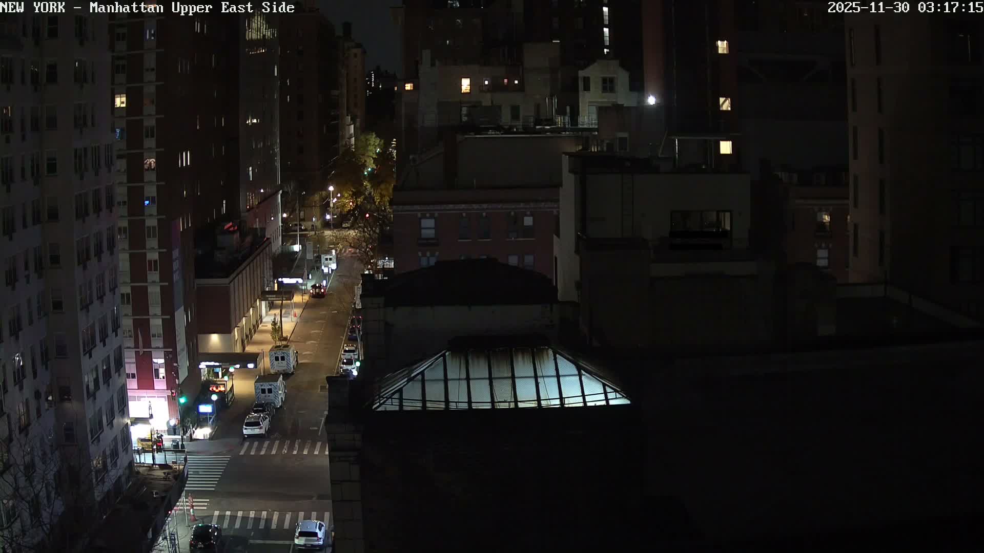 A nighttime cityscape of a Manhattan street features tall buildings with illuminated windows, multiple vehicles including several ambulances, bright streetlights, and crosswalks under a clear, dark sky.