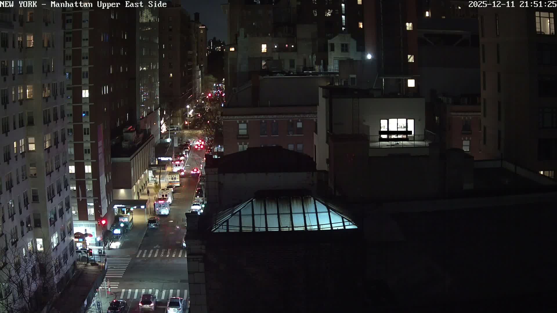 Under a clear night sky, an elevated view captures a vibrant city street bustling with vehicle traffic, including emergency vehicles, bordered by tall buildings with many lit windows, and a prominent skylight structure in the foreground.