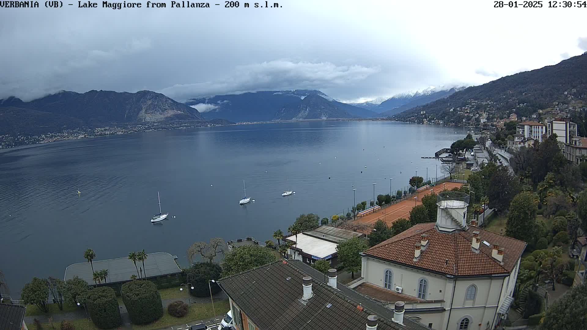 A cloudy day overlooking a lake with sailboats, tennis courts, and buildings nestled against mountains in the distance.