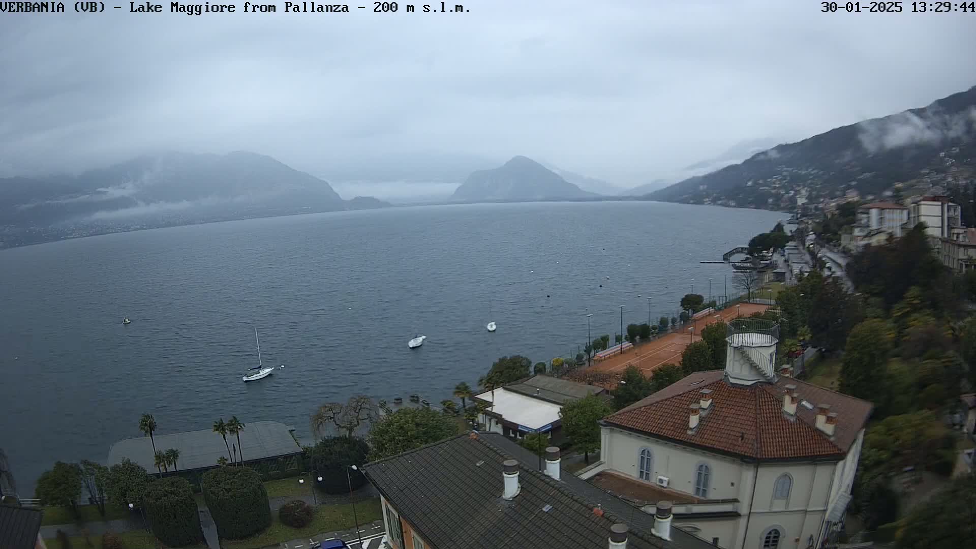 A mostly cloudy day reveals a lake surrounded by mountains and a town with buildings, a tennis court, and a few small boats on the water.
