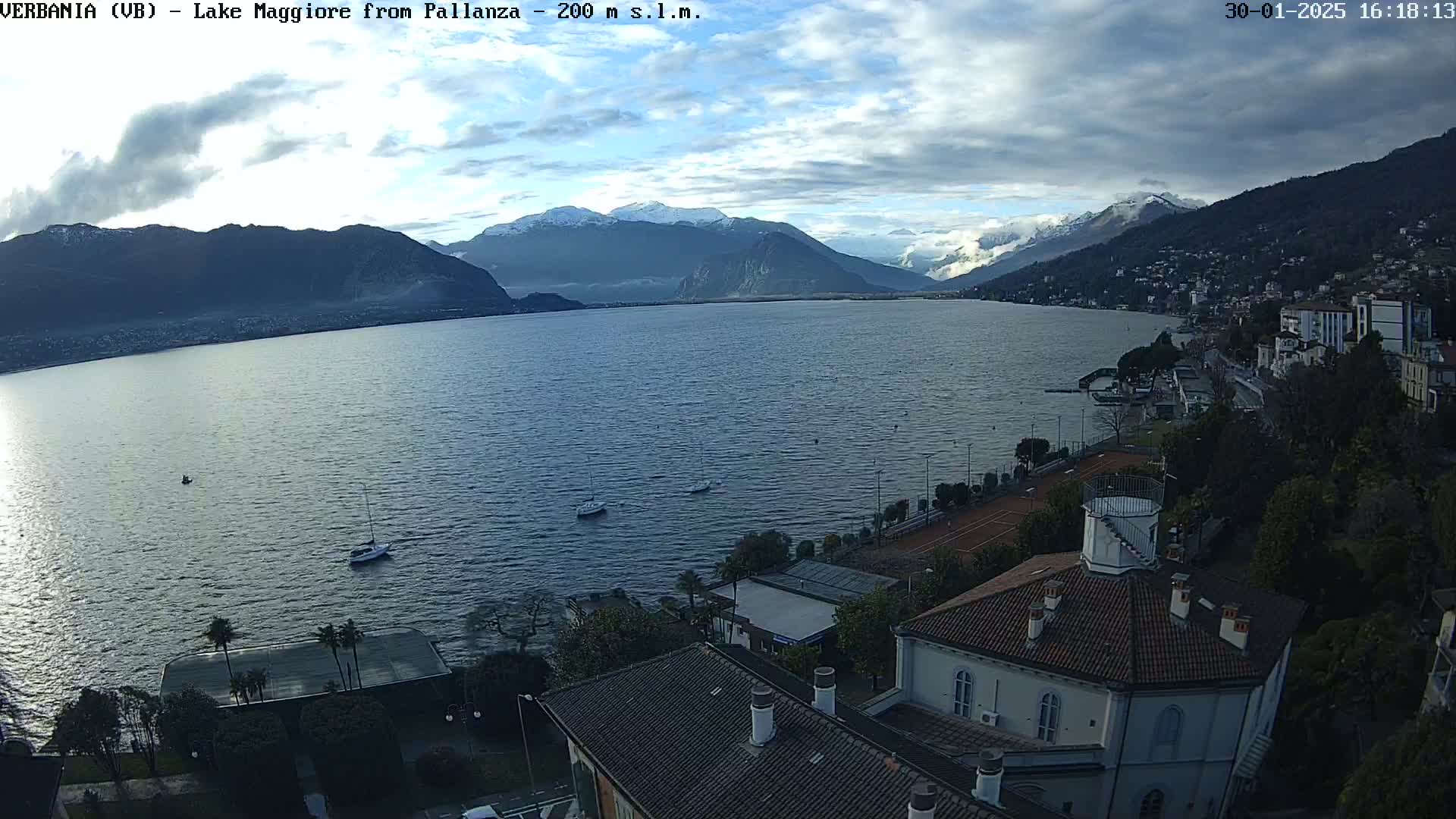 A partly cloudy day overlooks a calm lake with snow-capped mountains in the background, a town along the shoreline, and several small boats on the water.
