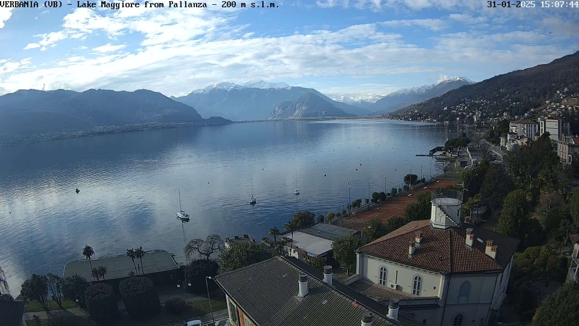 A lake with several sailboats and a town nestled against mountains under a partly cloudy sky.