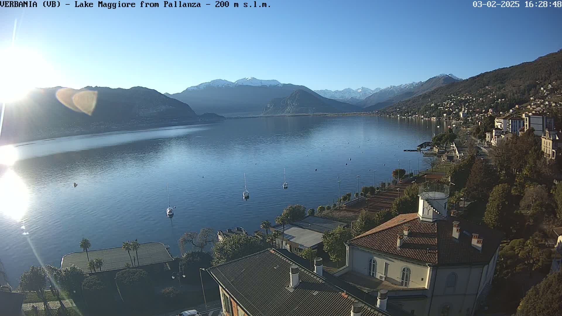 A calm lake with a few sailboats, surrounded by a town nestled against snow-capped mountains under a clear, sunny sky.