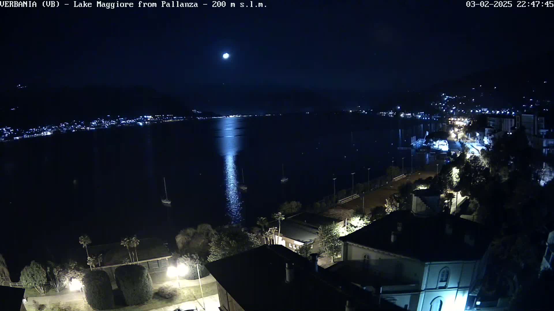 A nighttime view of a moonlit lake, with a town's lights visible on the shore and a few boats on the water.