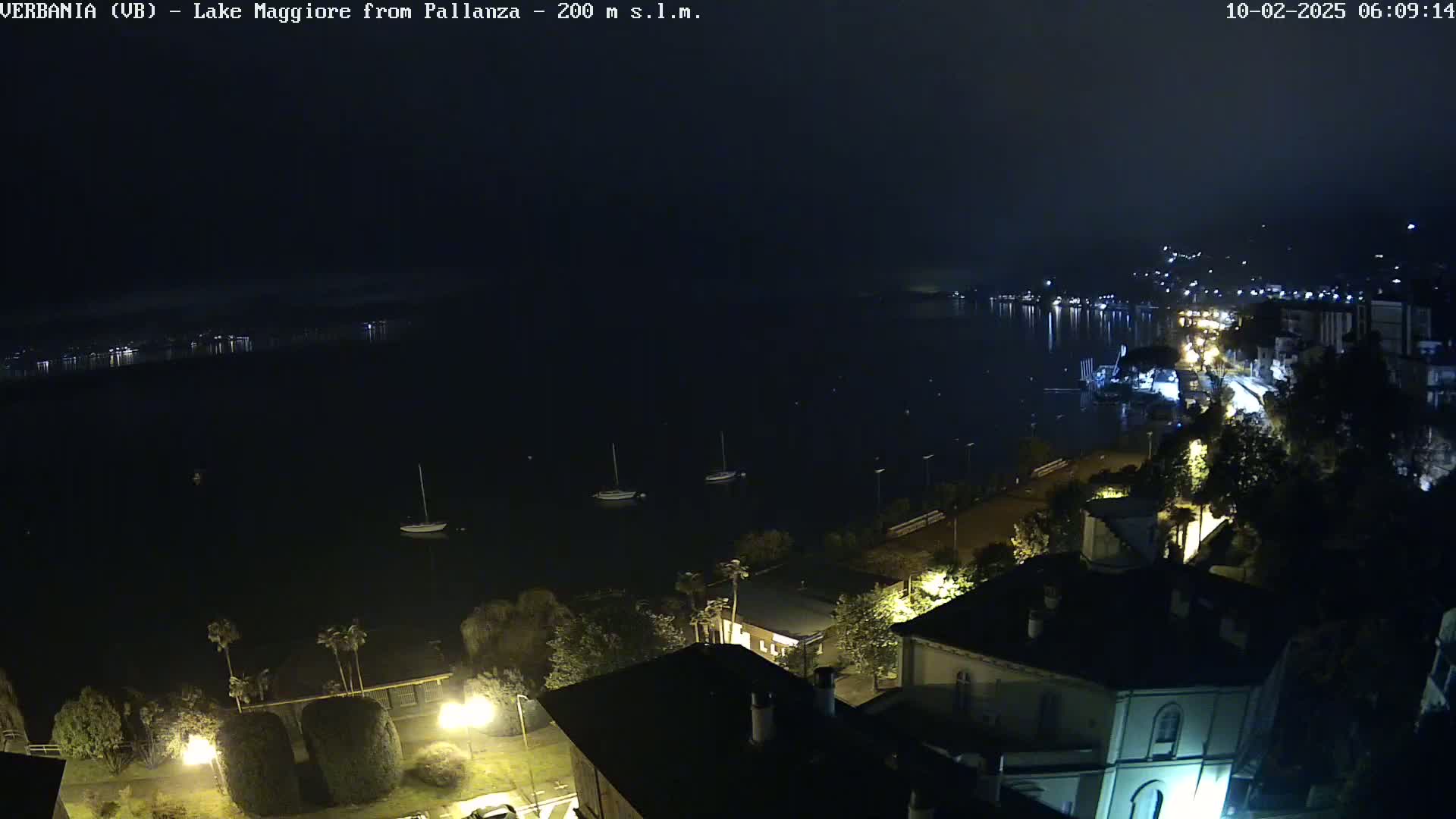 A nighttime view of a lake with several sailboats and a town's lights illuminating the shoreline.