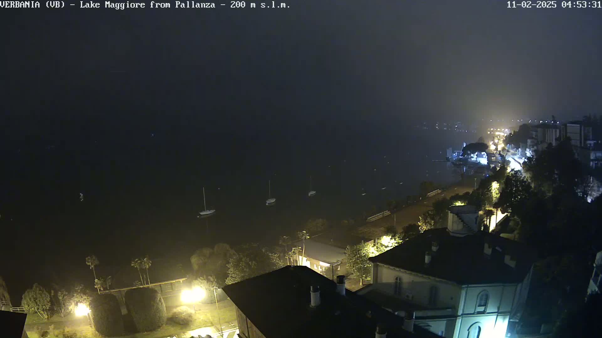 A nighttime, foggy view of a lake with several boats, and a lakeside town with buildings and streetlights illuminated.