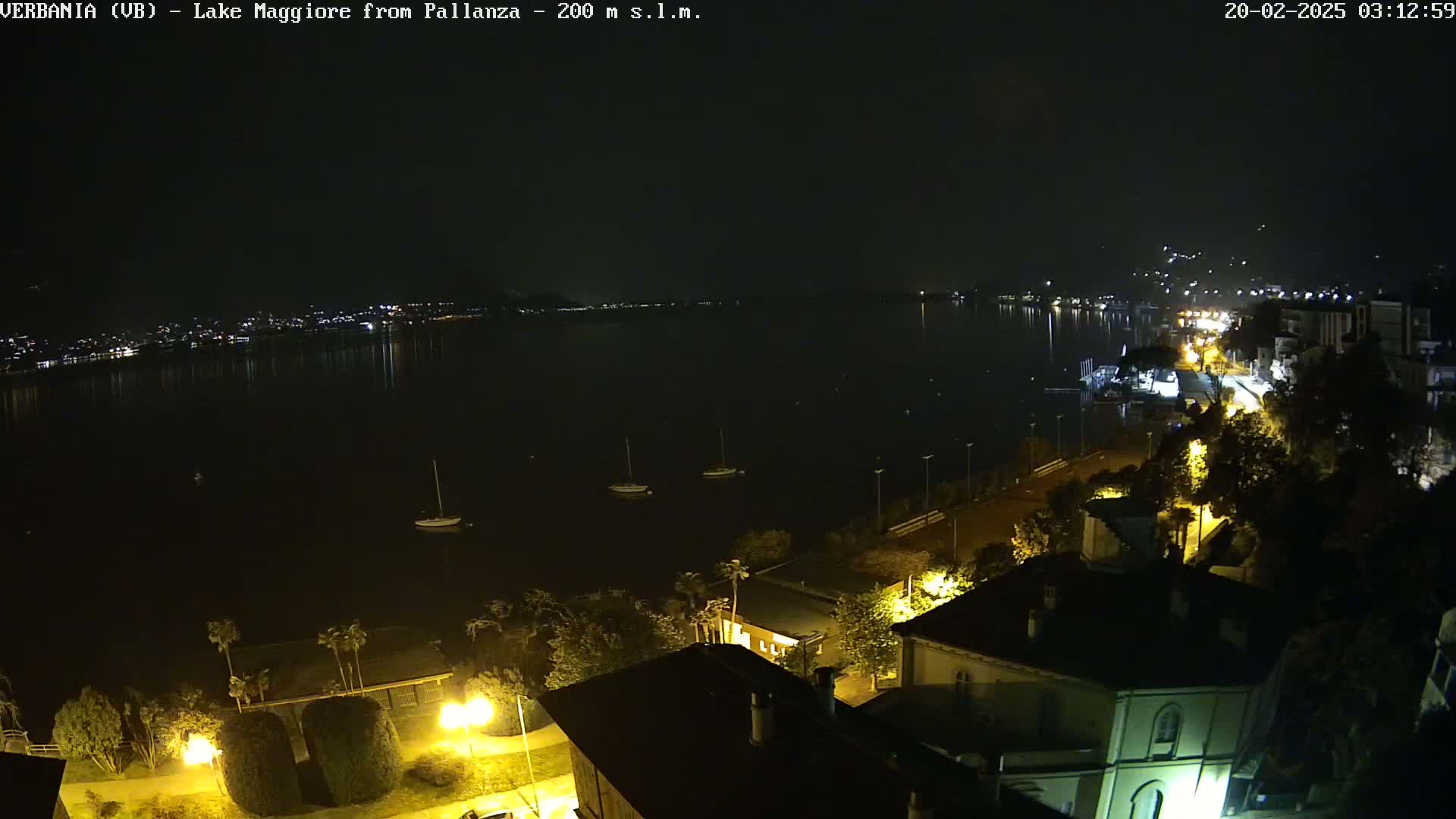 A nighttime view of a lake with several small boats, a shoreline with buildings and streetlights, and a dark sky.