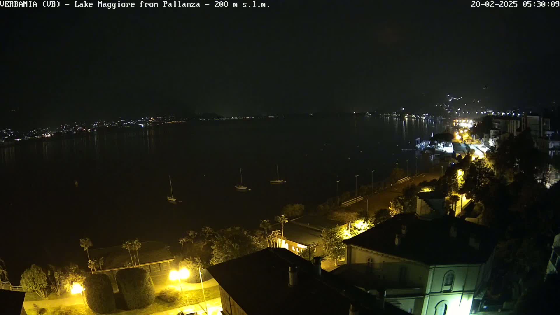 A nighttime view of a lake with several sailboats and a shoreline with illuminated buildings and streetlights.