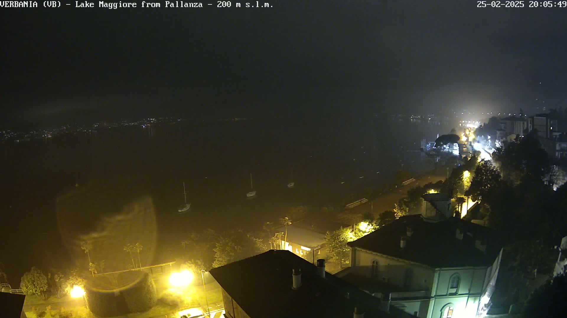 A nighttime, hazy view of a lake with several boats, and a shoreline with buildings lit by streetlights.