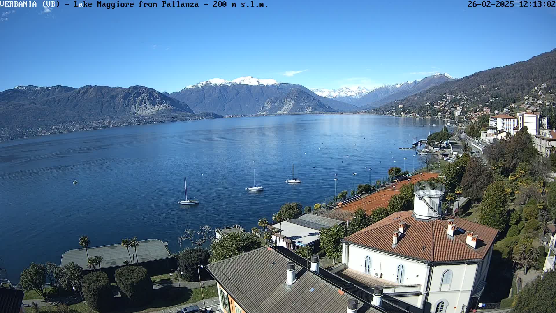 A clear, sunny day overlooks a lake with snow-capped mountains in the distance, several sailboats on the water, tennis courts, and buildings along the shoreline.