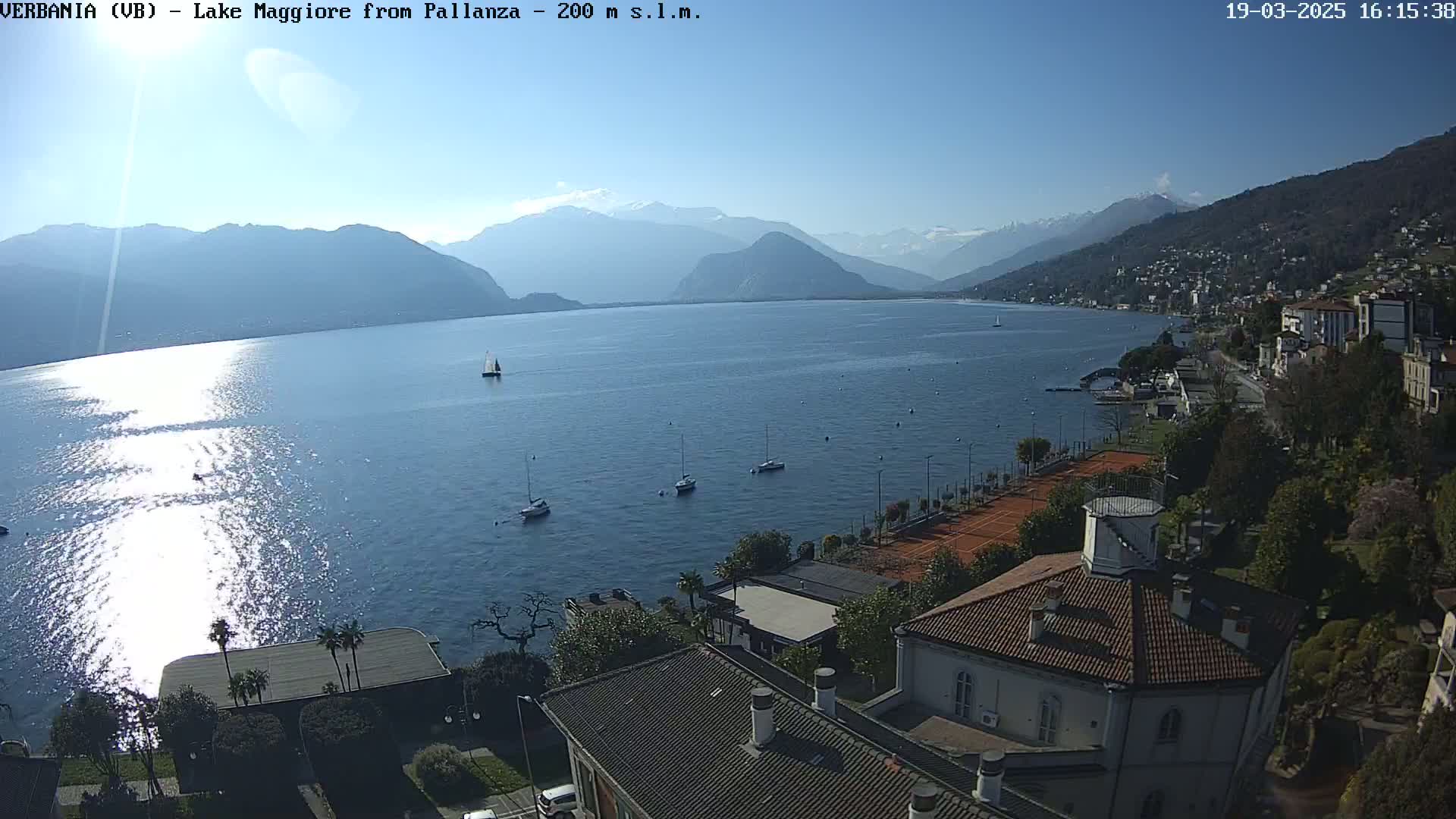 A sunny day overlooking a calm lake with several sailboats, tennis courts, and buildings nestled along the shoreline, mountains in the background.