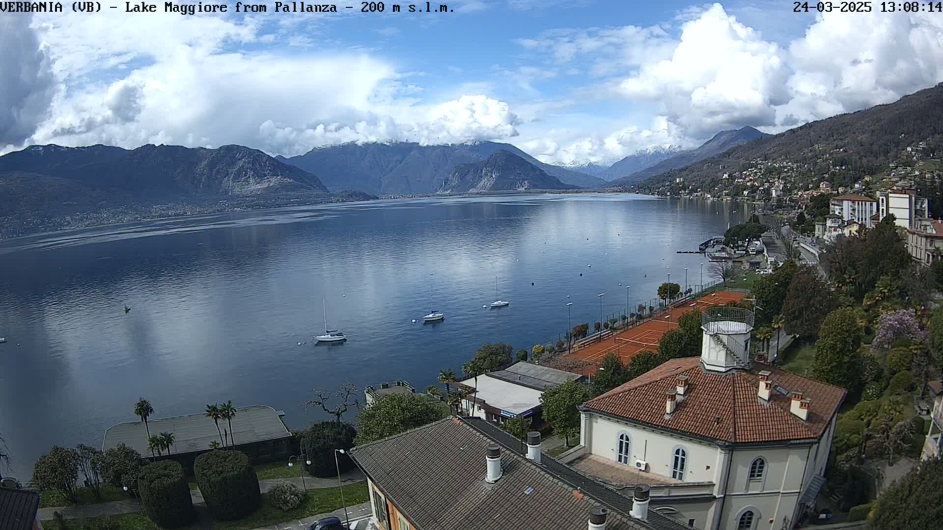 A partly cloudy day shows a large lake surrounded by mountains, with several sailboats on the water and a tennis court near buildings with red tile roofs.