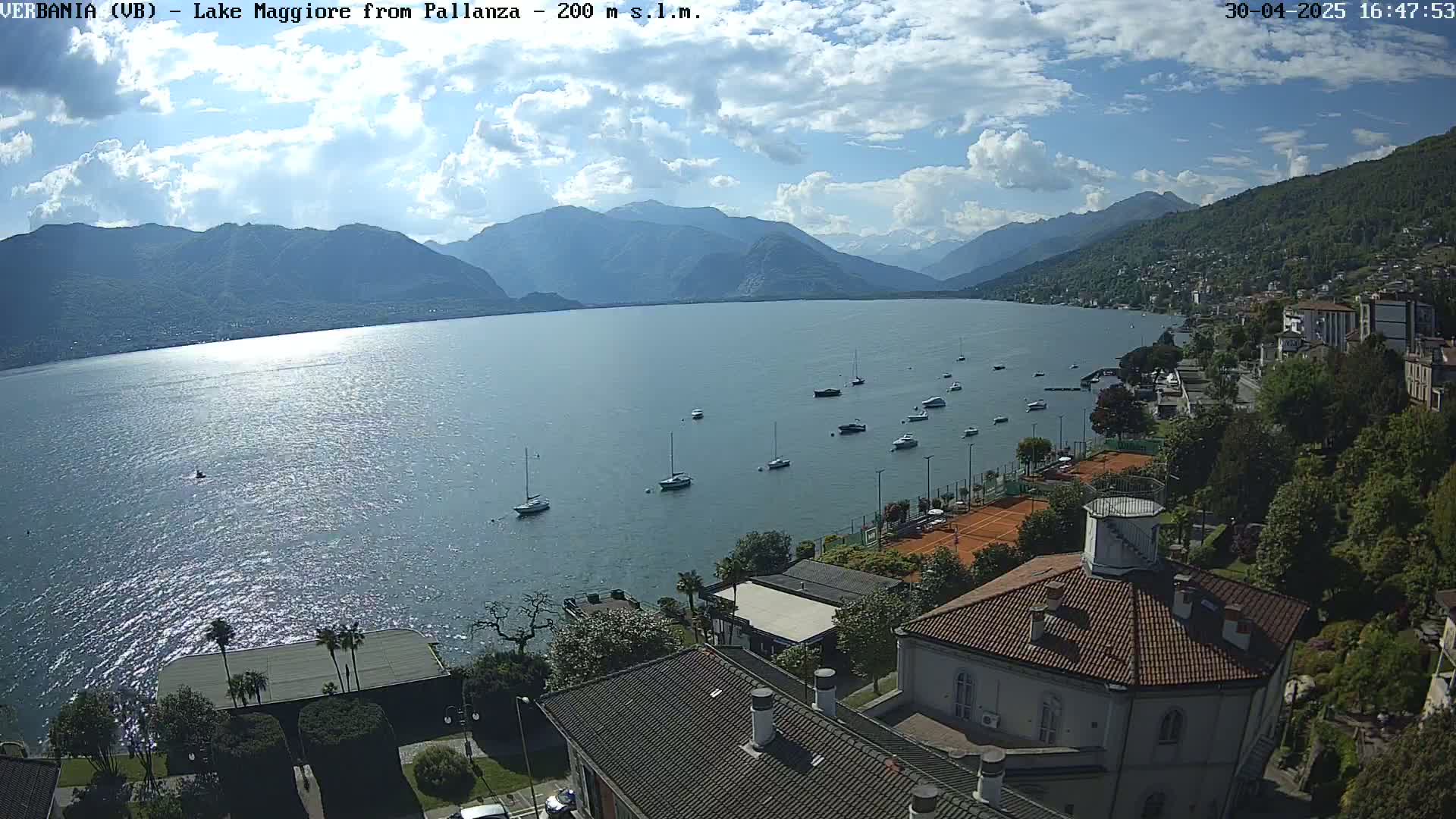 A partly sunny day reveals a tranquil lake with several sailboats, surrounded by mountains and a town with buildings, including a round building with a red roof and tennis courts.