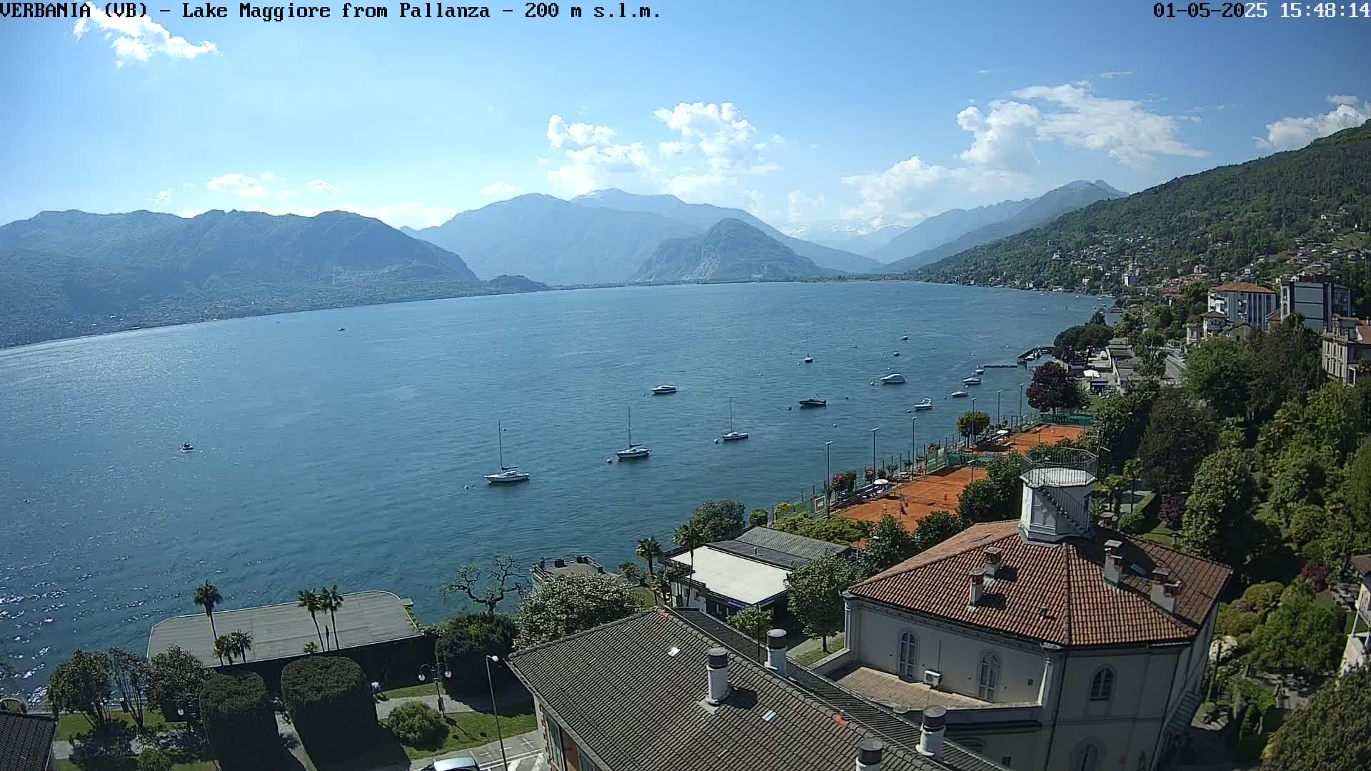 A partly sunny day overlooking Lake Maggiore, with several sailboats on the water, a shoreline lined with buildings and tennis courts, and mountains in the background.