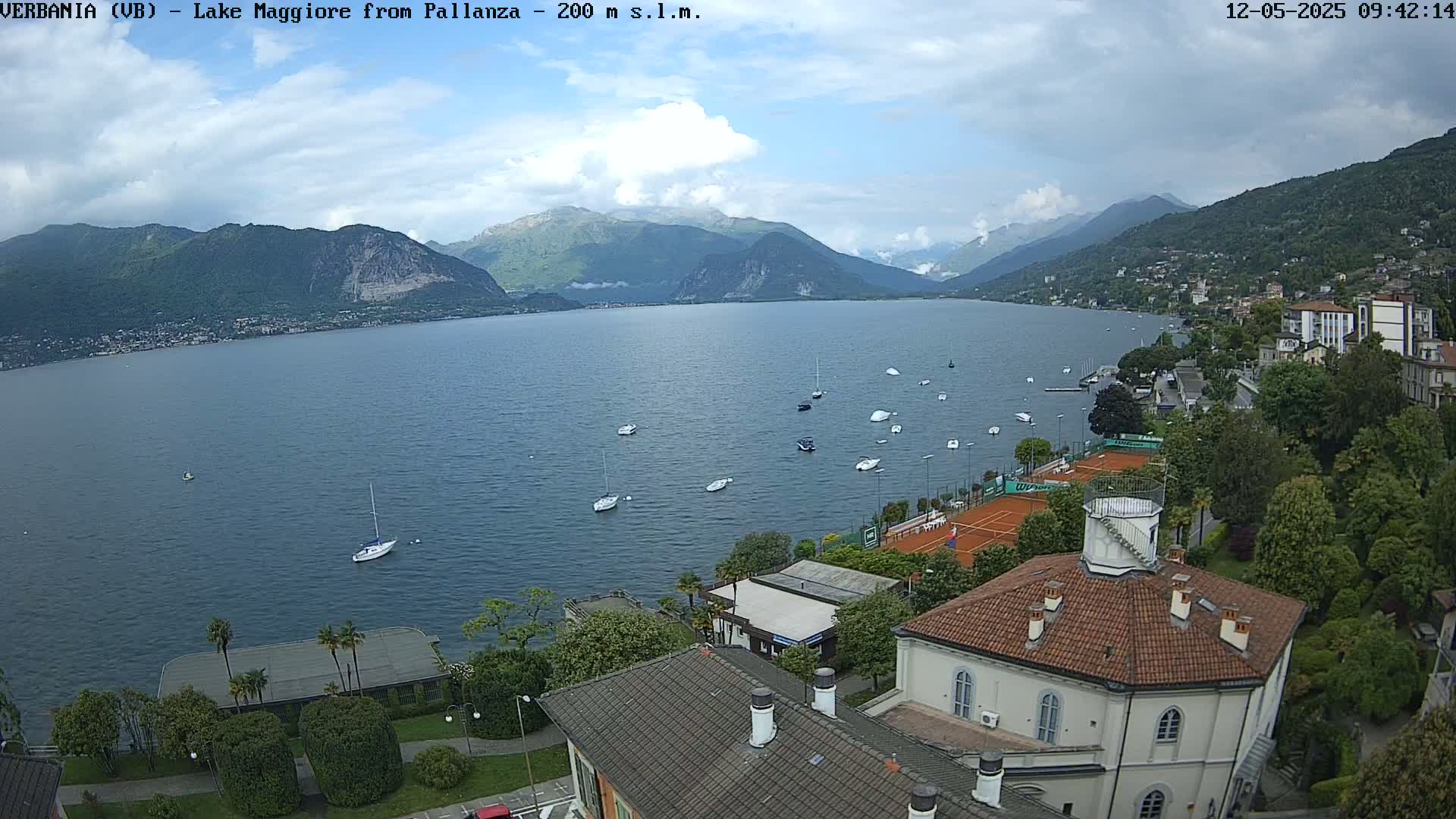 A partly cloudy day reveals a tranquil lake surrounded by mountains, dotted with sailboats and overlooked by buildings and tennis courts.
