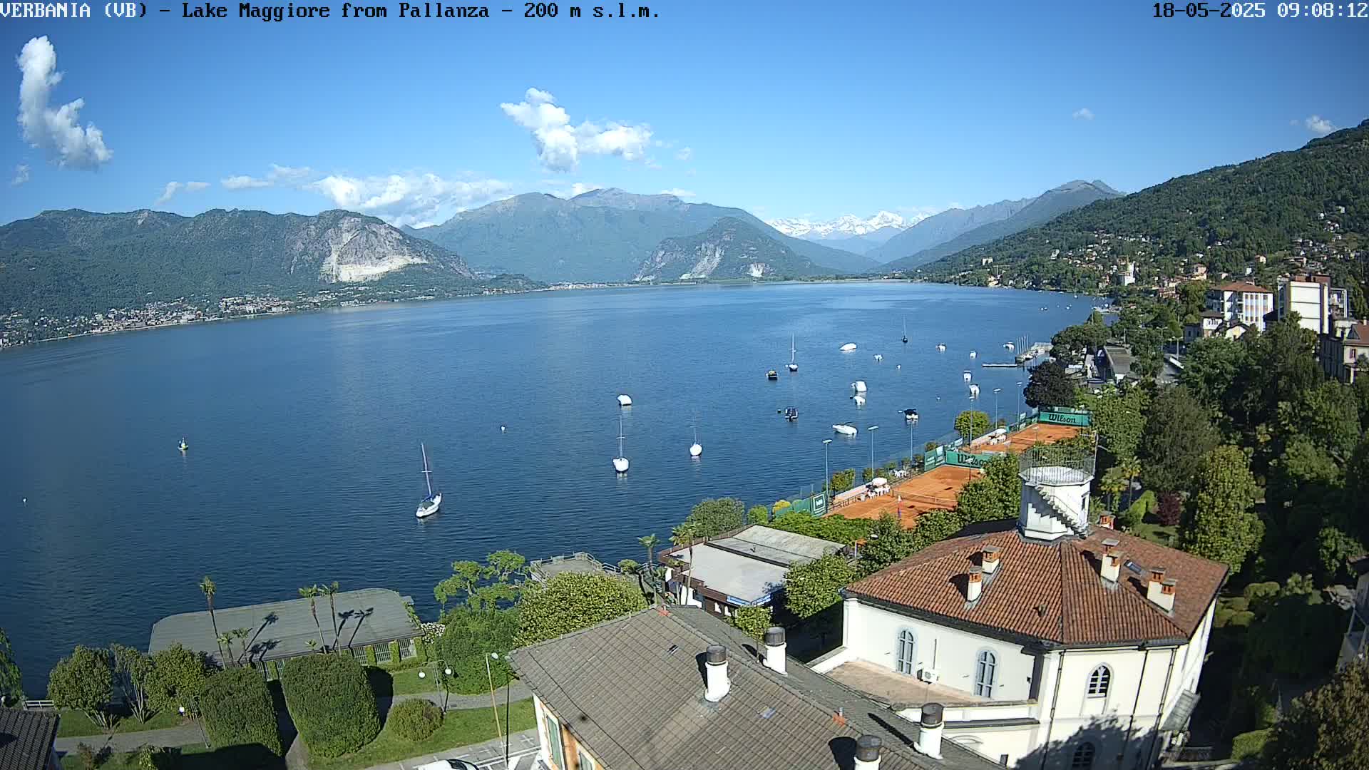 A calm lake with sailboats is surrounded by green hills and mountains under a mostly sunny sky.