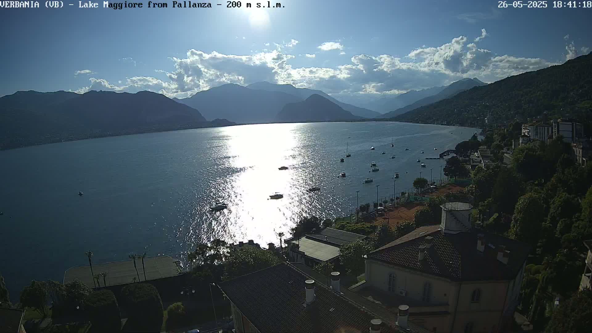 A sunlit lake is surrounded by mountains and houses under a partly cloudy sky.