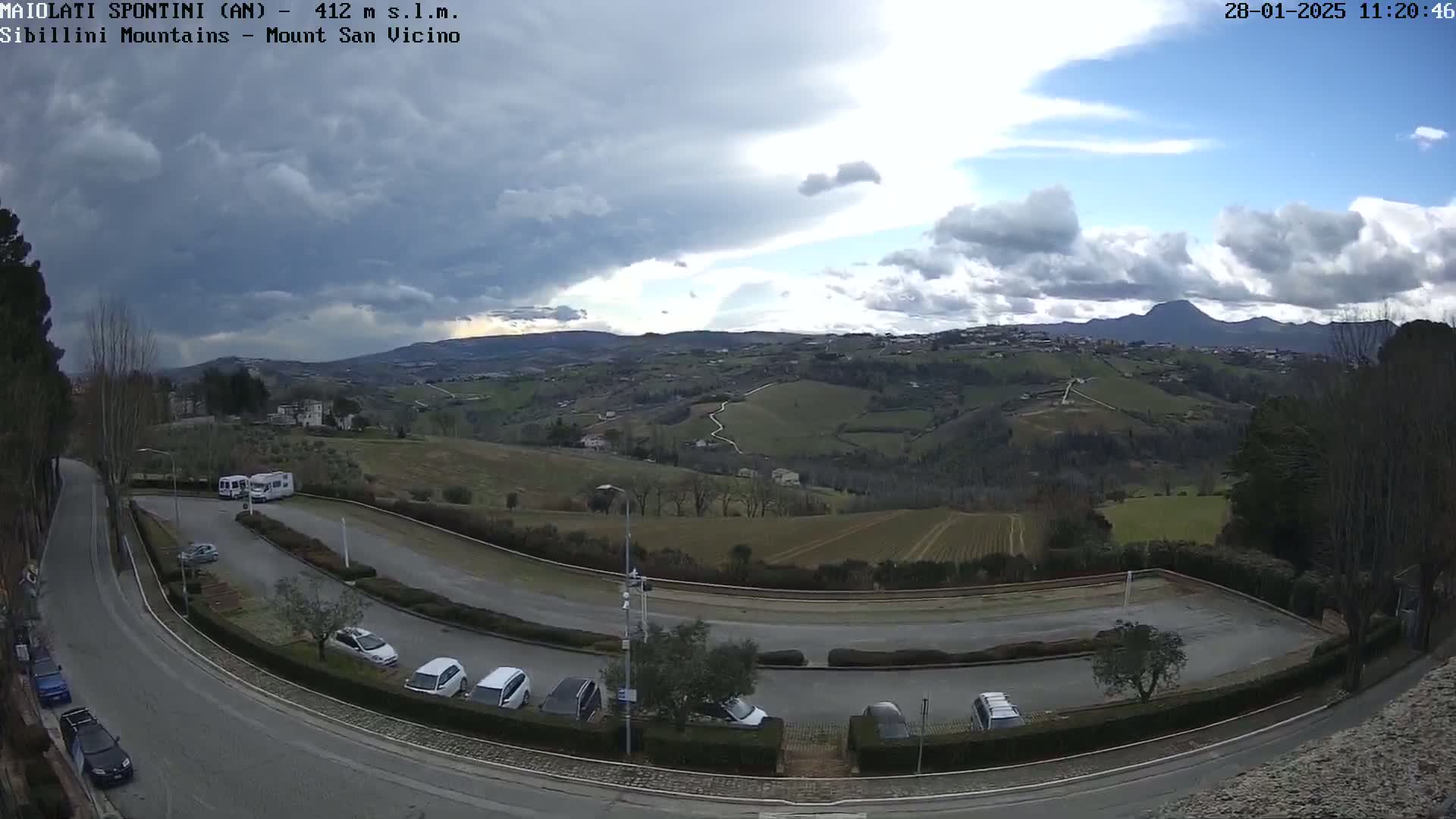 A partly cloudy sky overlooks a hilly landscape with a parking lot and several cars, and a winding road.