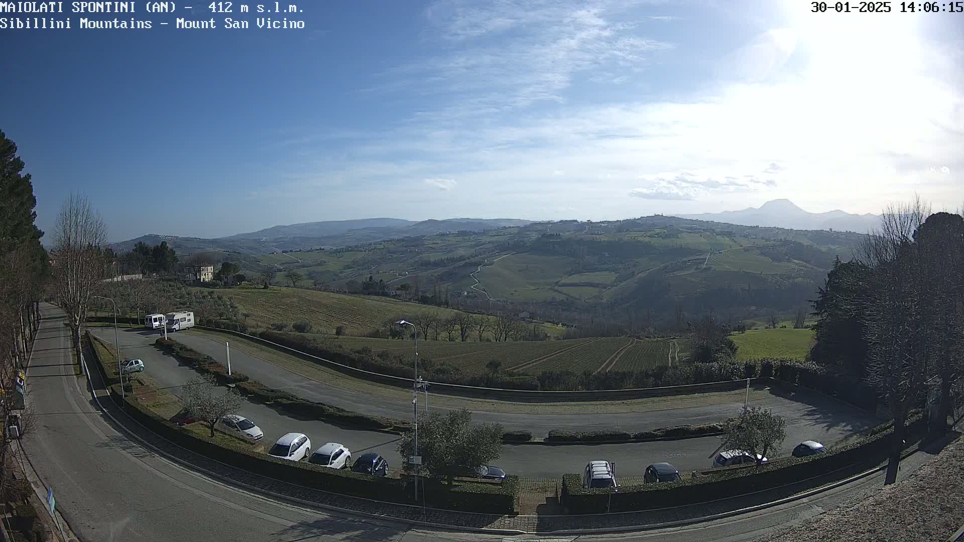 A sunny day overlooking a hilly landscape with a parking lot containing several cars and an RV, and distant mountains in the background.