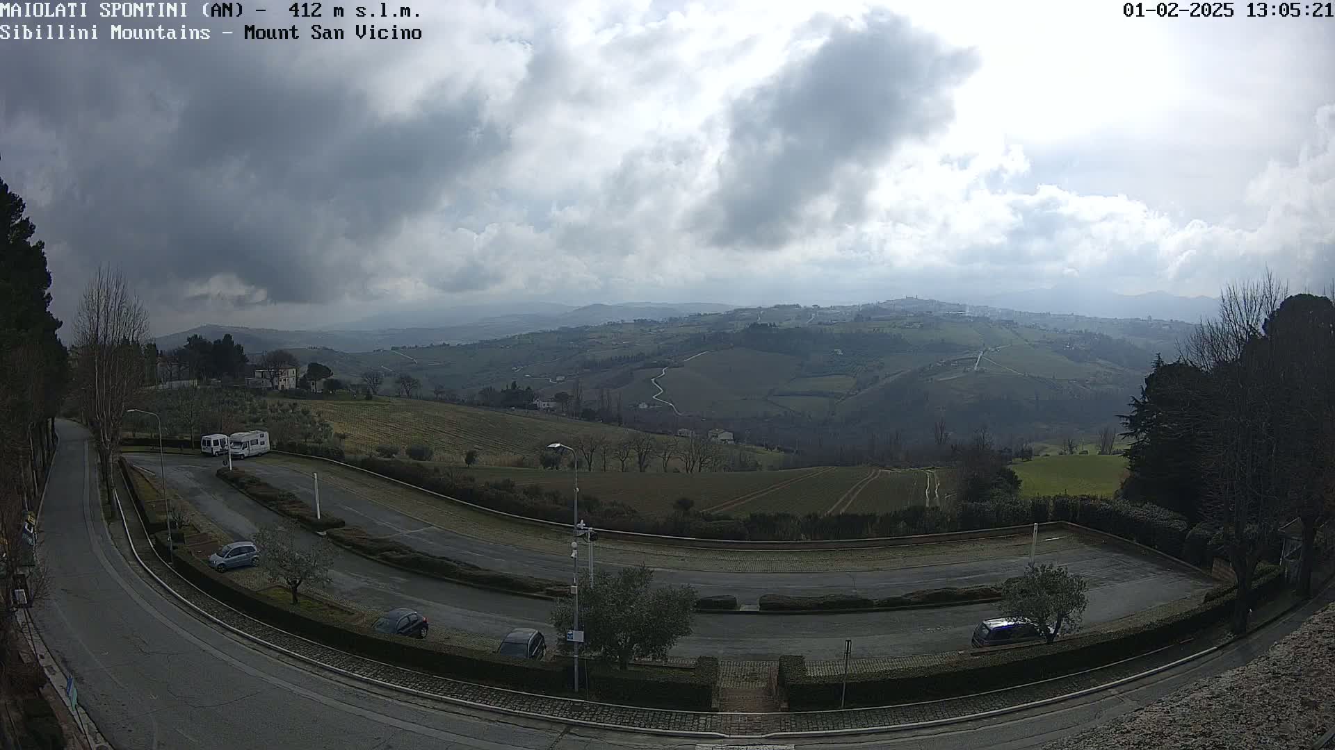A mostly cloudy day reveals a sweeping view of a hilly landscape with a parking lot and road curving through the foreground.