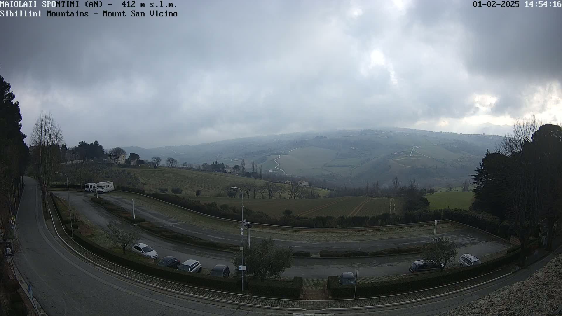 A mostly cloudy day overlooks a paved road curving through a parking lot with several cars and RVs, leading to a view of rolling green hills and distant mountains.