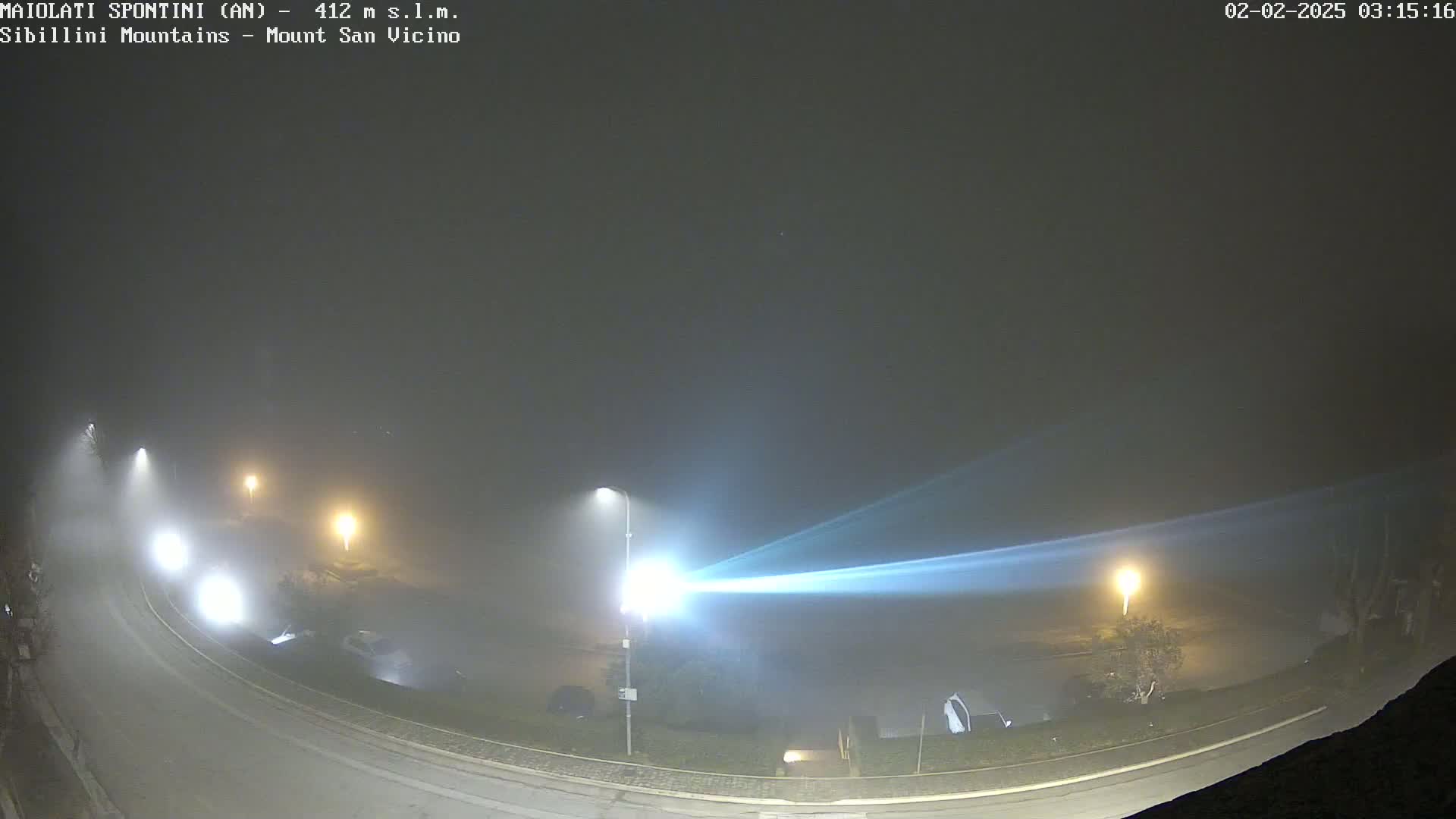 A foggy night scene shows a curved road with several illuminated streetlights, some parked cars, and low-lying buildings.