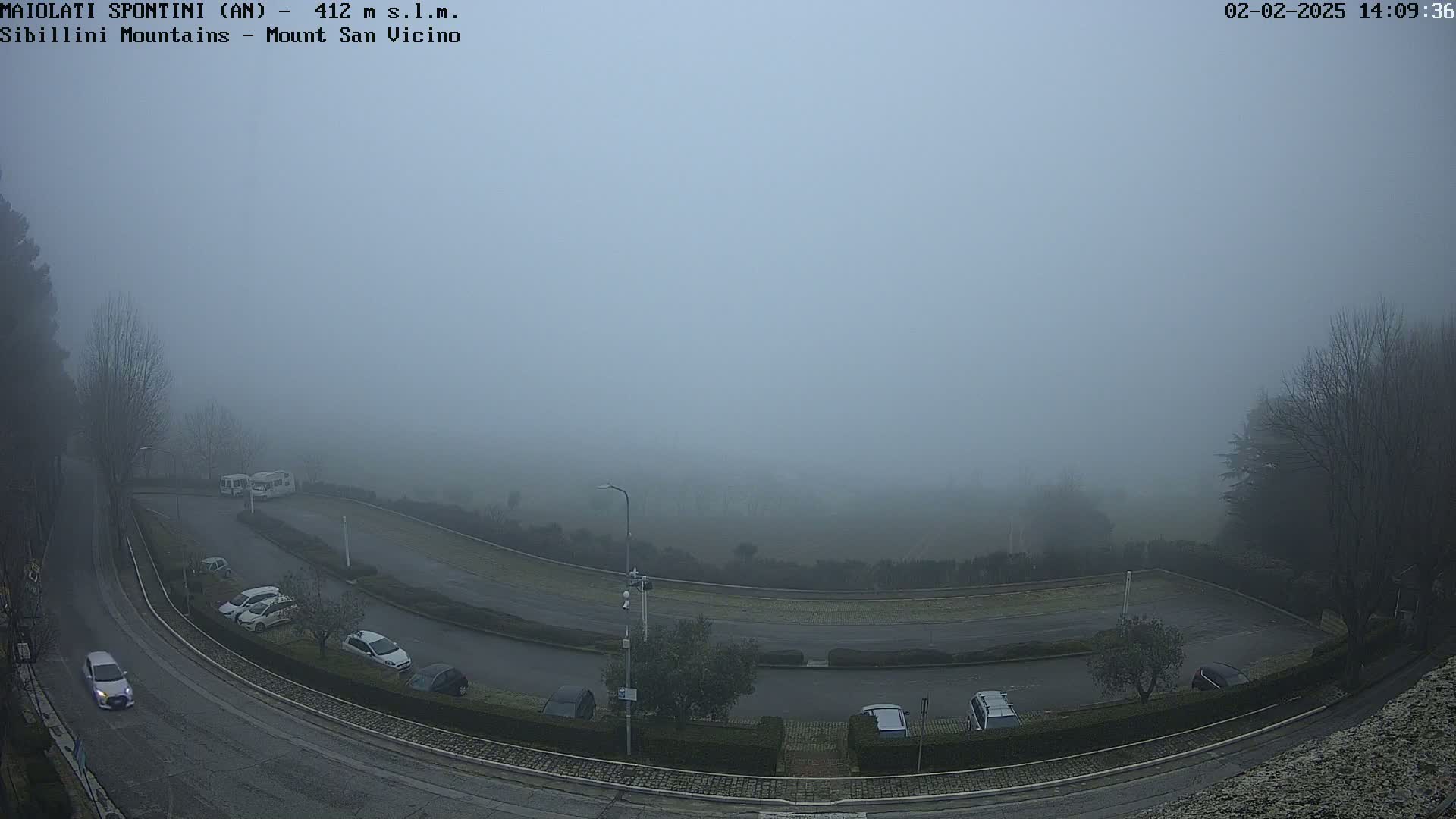 A foggy, overcast scene shows a parking lot with several cars and a road curving through it, with trees and a few buildings barely visible in the distance.