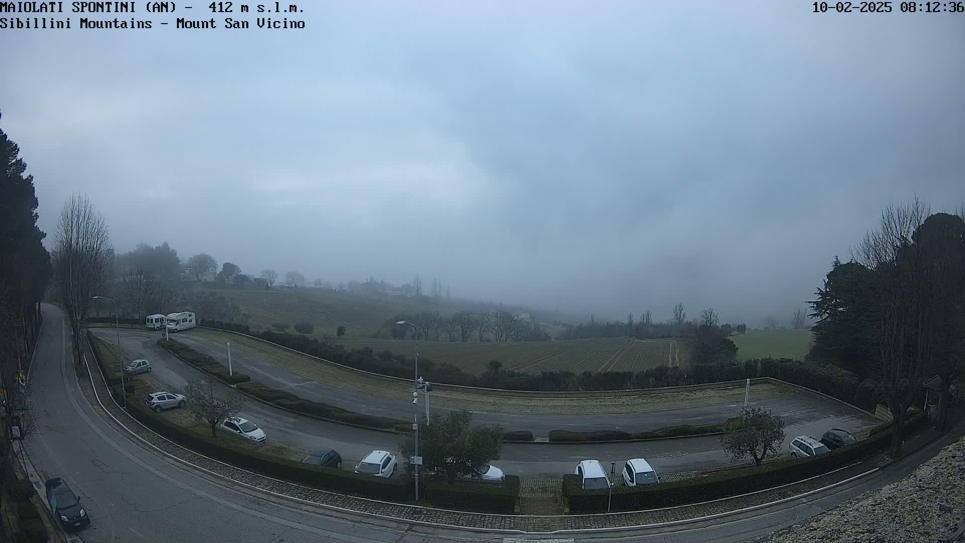 A foggy, overcast view of a parking lot with several cars, two campervans, and a winding road leading towards a vineyard in a valley.