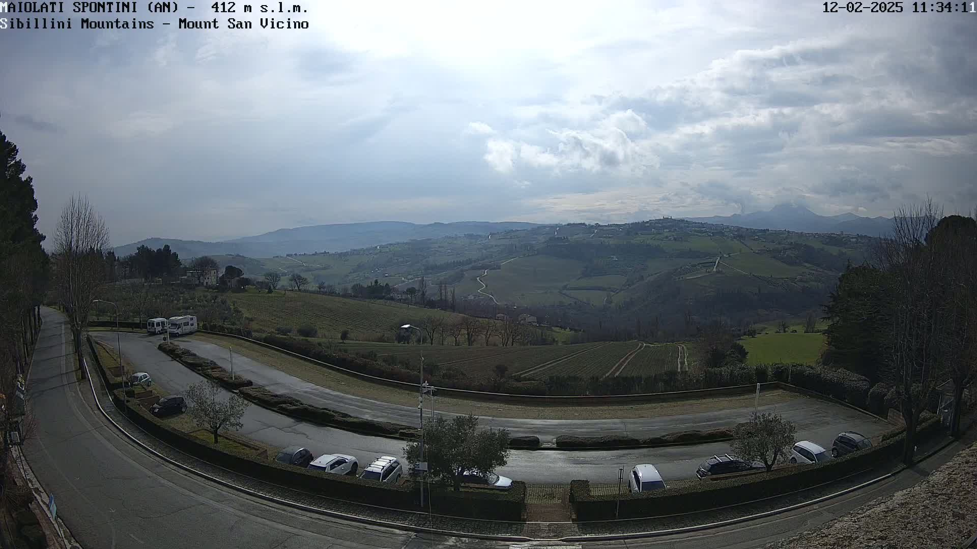 A hilly landscape with a parking lot containing several cars and RVs is visible under a partly cloudy sky.