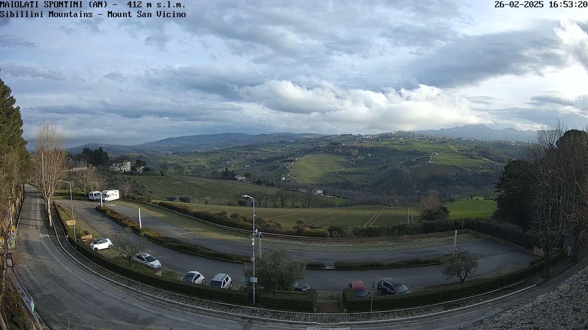 A mostly cloudy sky overlooks a hilly landscape with a parking lot containing several cars and RVs.