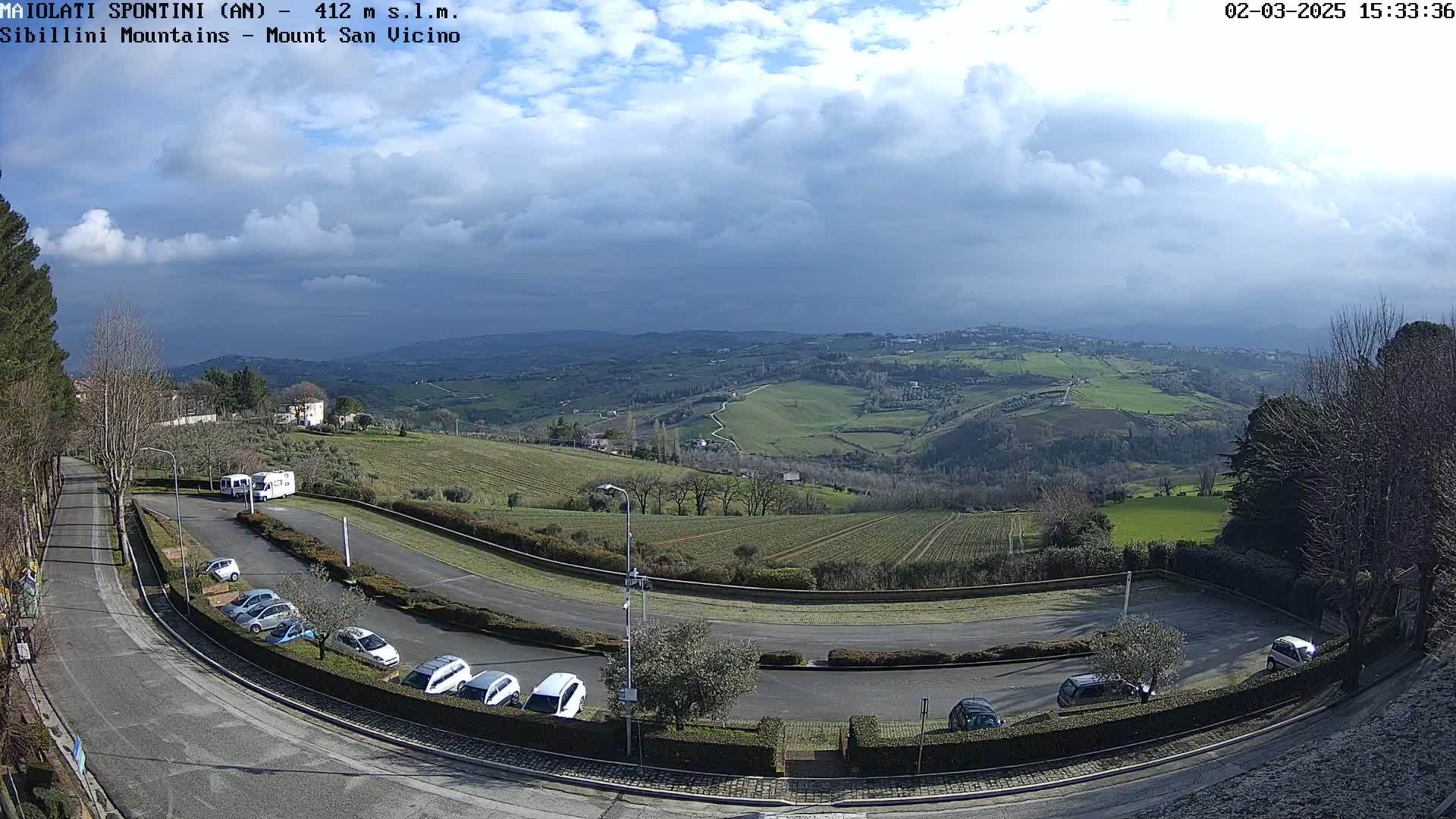 A partly cloudy sky overlooks a hilly landscape with cultivated fields and a parking lot containing several cars and recreational vehicles.