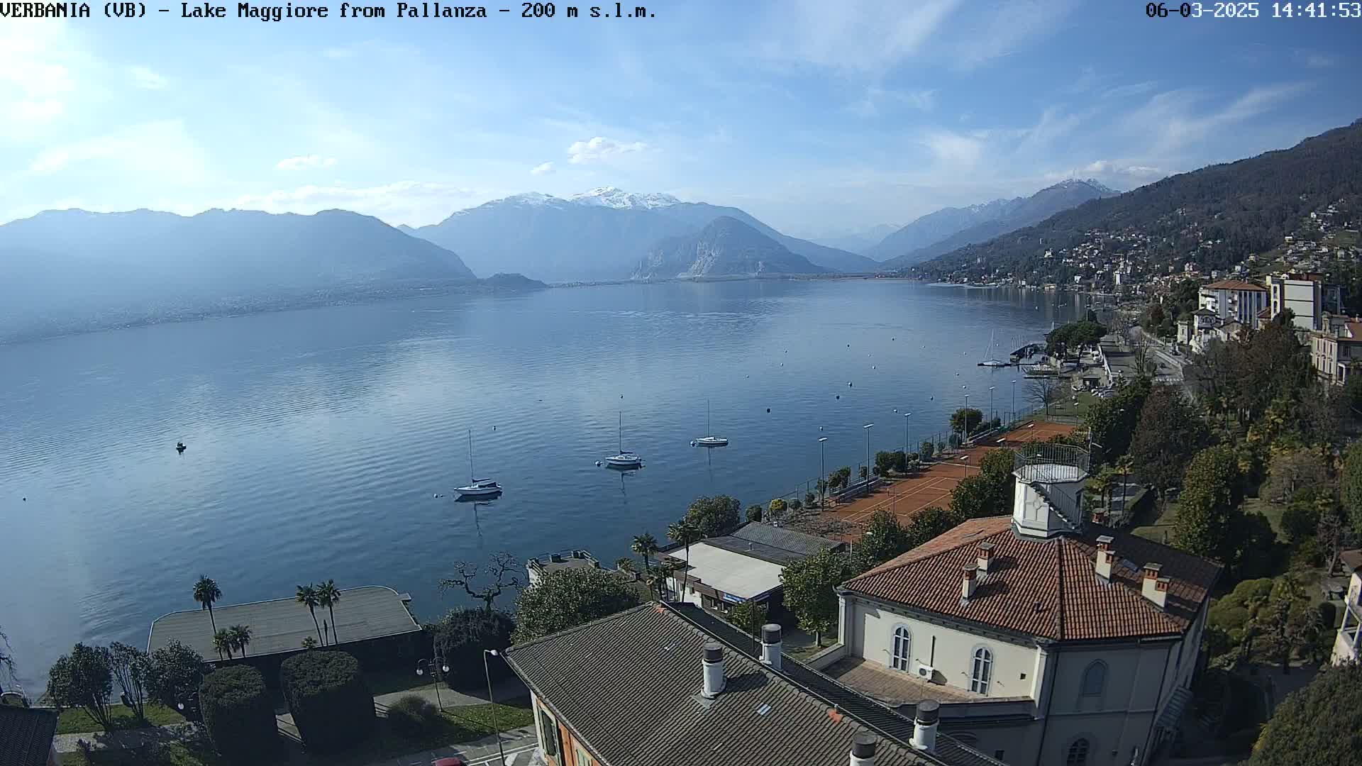 A clear, sunny day overlooks a calm lake with several sailboats, surrounded by mountains with some snow and a town with buildings and tennis courts.
