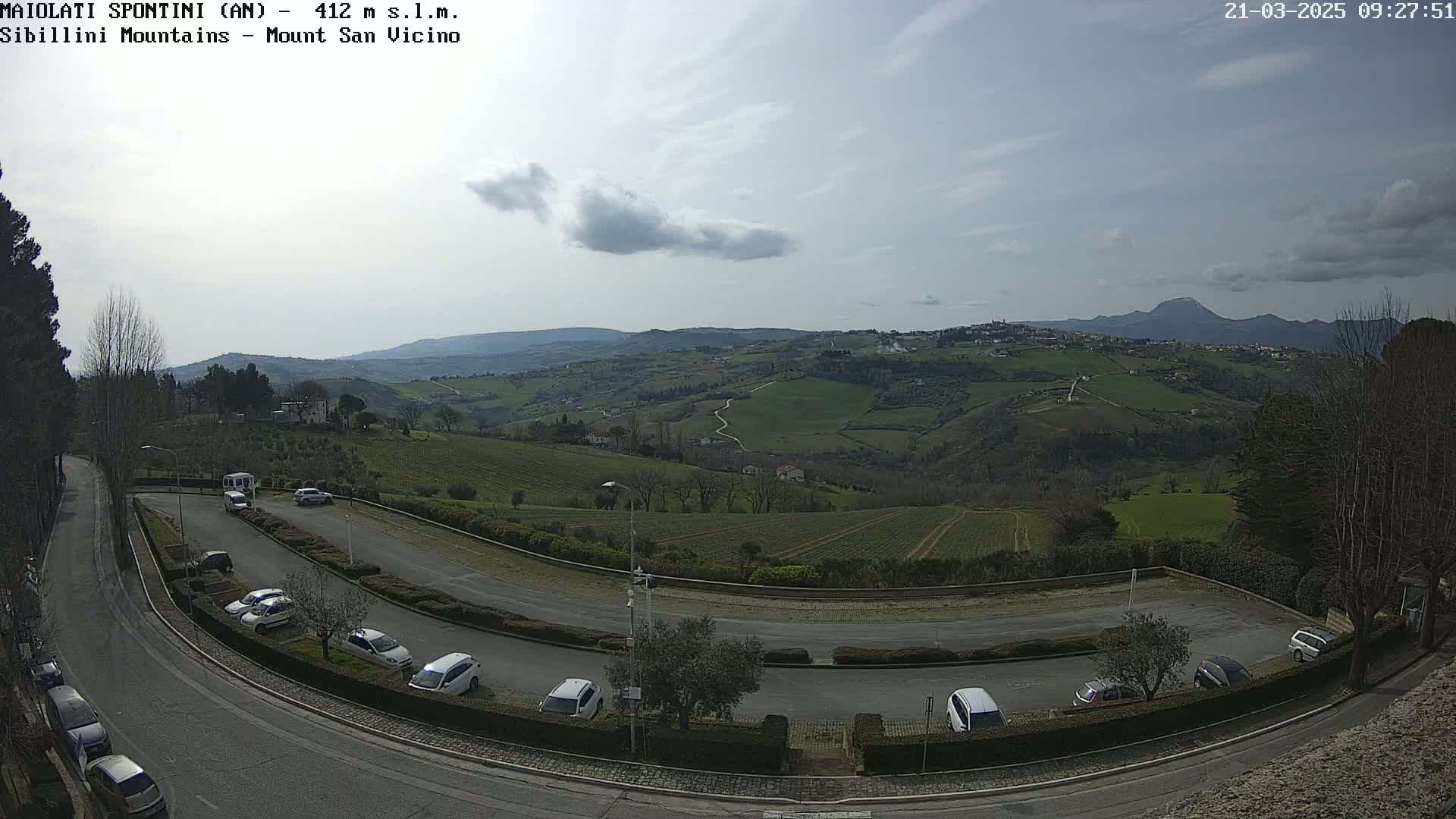 A mostly sunny day overlooks a parking lot and winding road nestled in a hilly, green landscape with a distant mountain range.