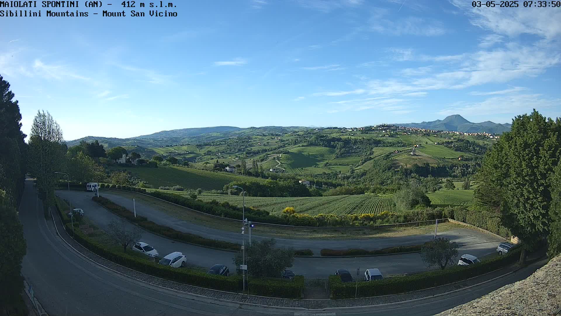 A mostly sunny, clear day reveals a sweeping vista of rolling green hills, farmland, and a distant town nestled in the foothills of a mountain range, with a few cars parked in a lot near a road curving through the scene.