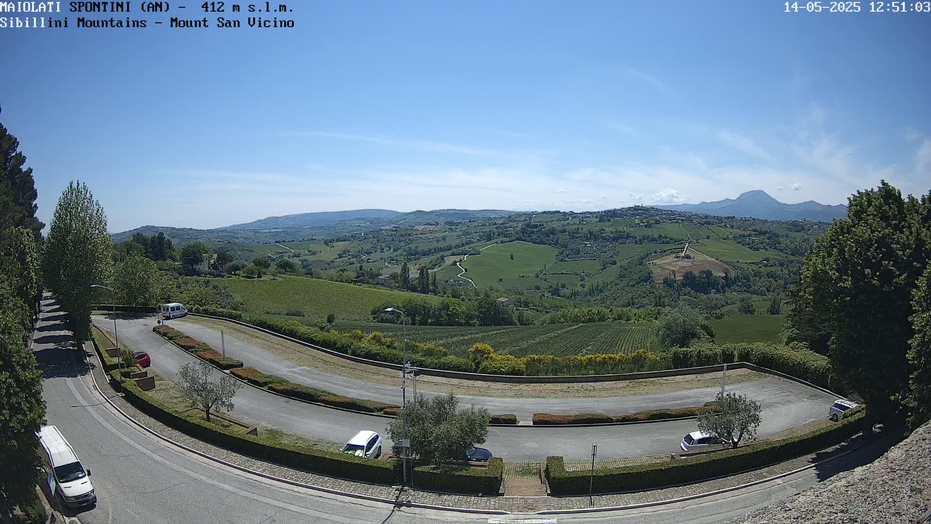 A winding road with parked cars overlooks a sunny valley of rolling green hills and vineyards under a clear blue sky.