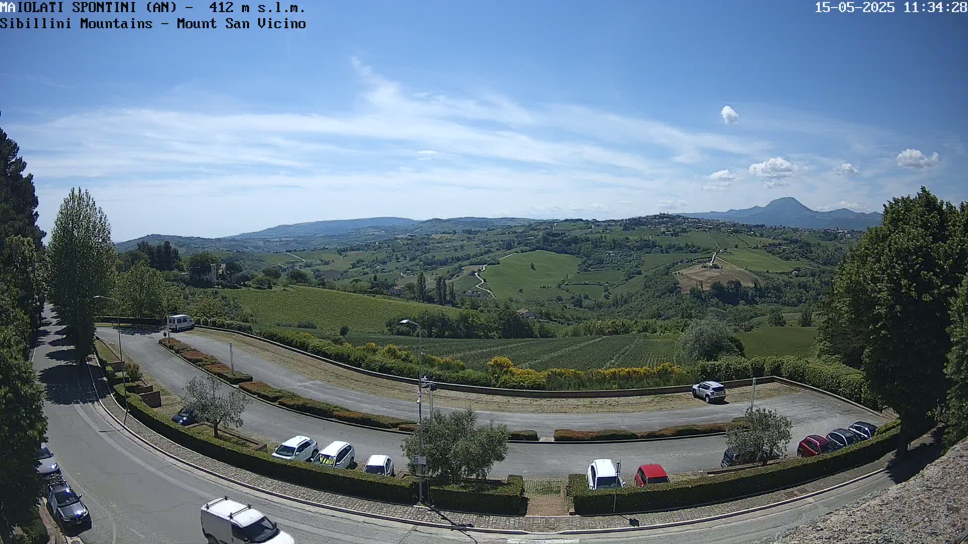 A sunny day reveals a parking lot with several cars, overlooking rolling green hills and vineyards, with a mountain visible in the distance.