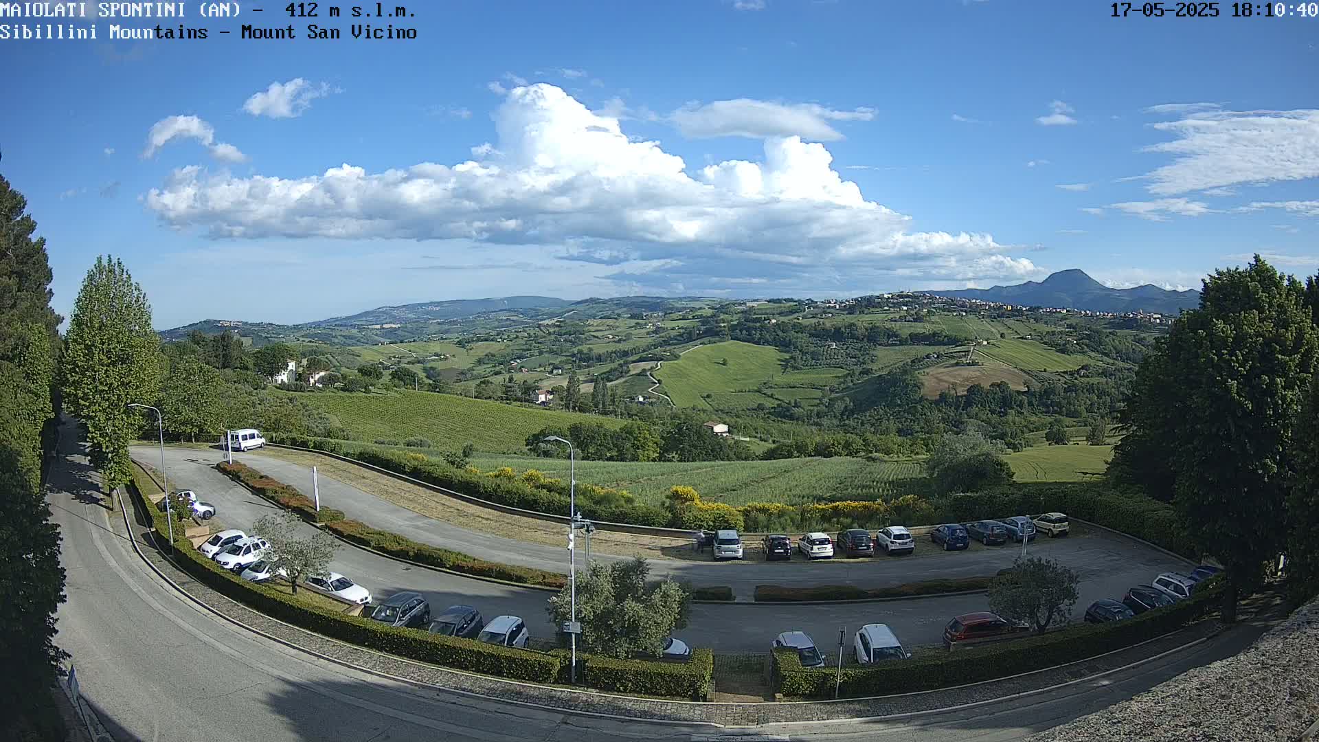A sunny day with fluffy white clouds shows a hilly landscape with a parking lot full of cars and a winding road leading towards a view of rolling green hills and distant mountains.
