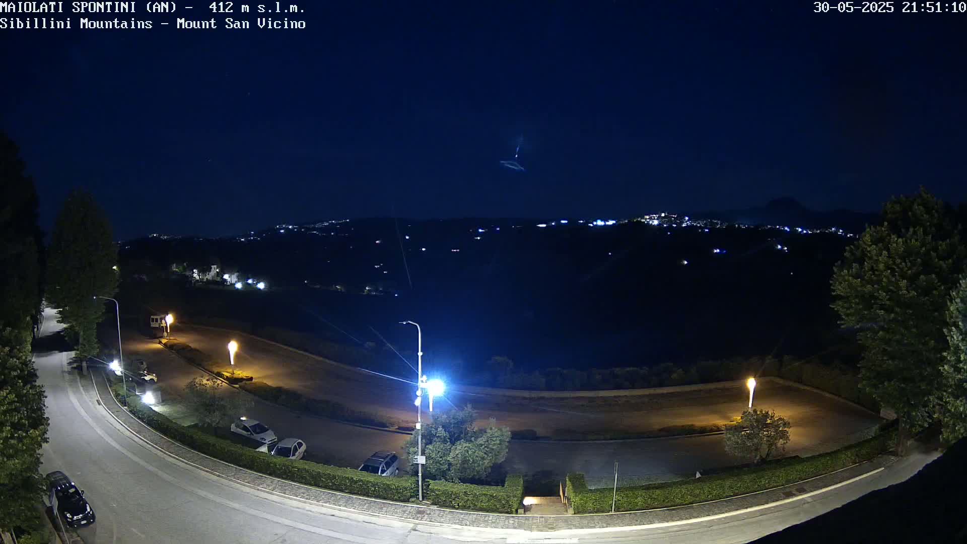 A nighttime, overhead view of a parking lot and roadway curving through a hilly, sparsely lit area, with a distant town visible under a clear, dark sky.