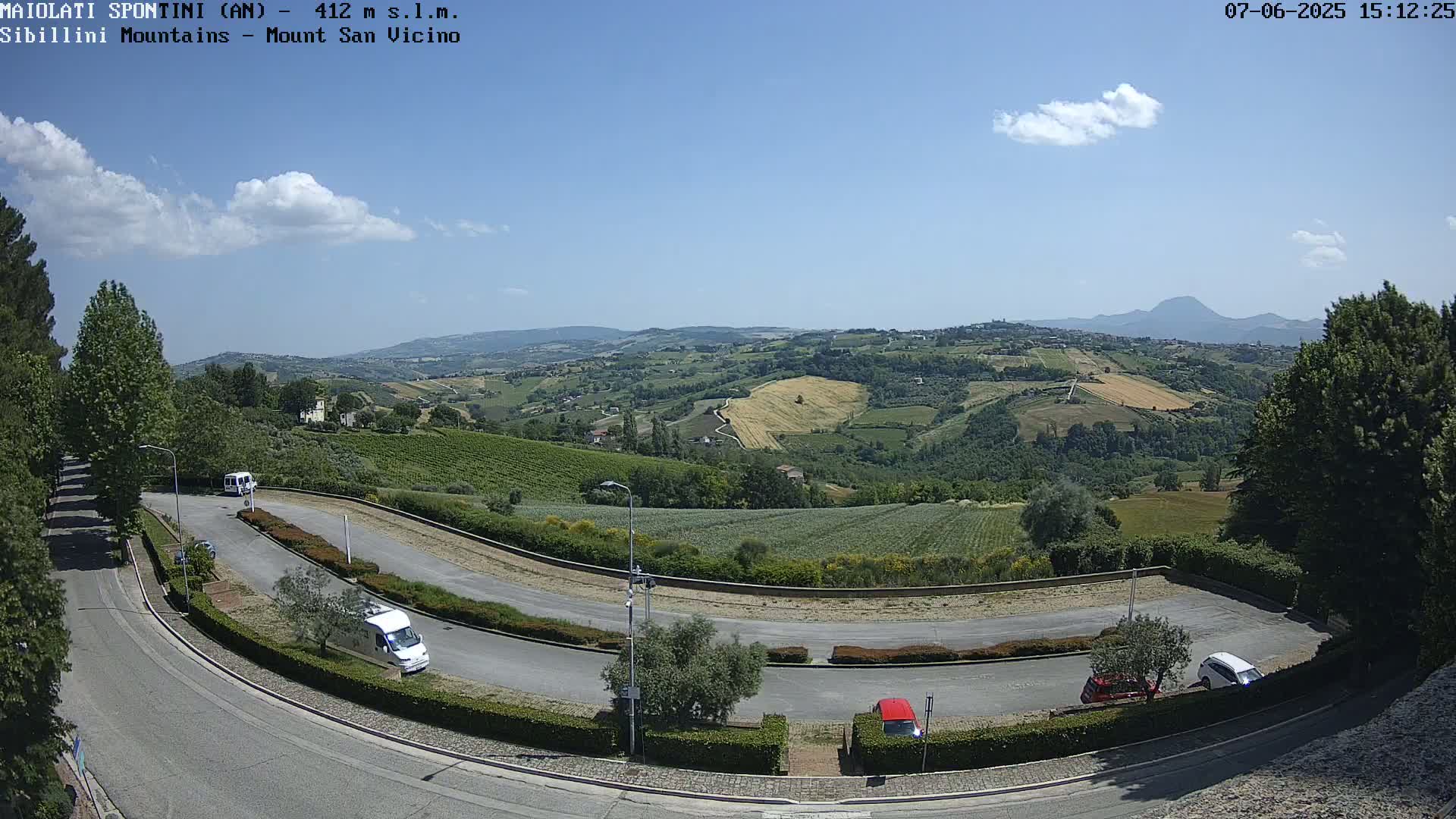 A sunny, partly cloudy day overlooks a winding road with several parked cars, leading to a picturesque landscape of rolling green hills and distant mountains.